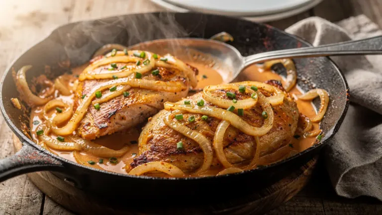 Ces oignons fondus en sauce transforment deux filets de poulet en plat de restaurant