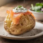 Pomme de terre au saumon fumé et à la crème : une cuisson au micro-ondes puis au four