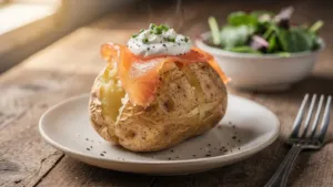 Pomme de terre au saumon fumé et à la crème : une cuisson au micro-ondes puis au four