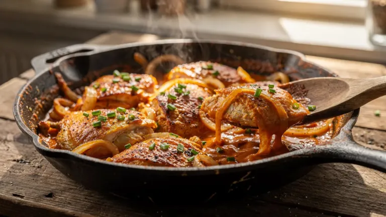 Poulet aux oignons fondants et paprika : une recette à la poêle avec une sauce sans crème