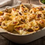 Un gratin de conchiglioni farcis aux lardons et au reblochon, façon tartiflette