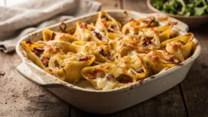 Un gratin de conchiglioni farcis aux lardons et au reblochon, façon tartiflette
