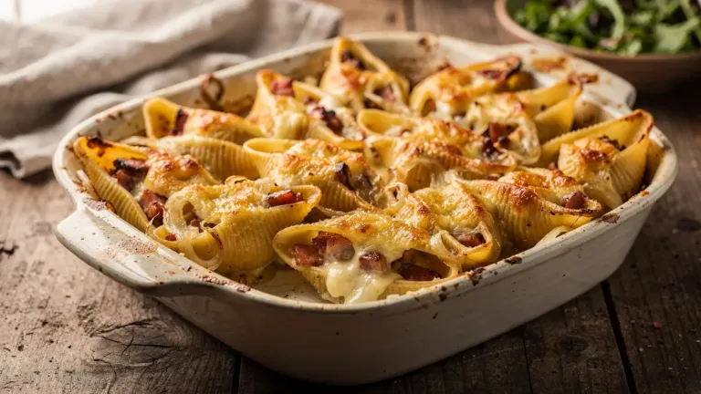 Un gratin de conchiglioni farcis aux lardons et au reblochon, façon tartiflette